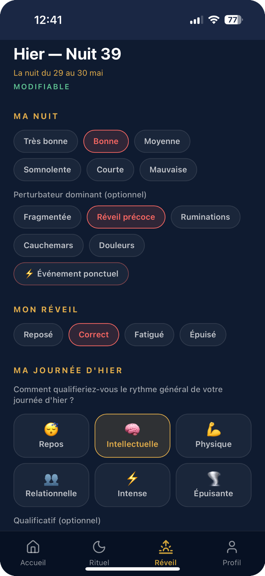 Application Méthode Nuit — bilan de nuit