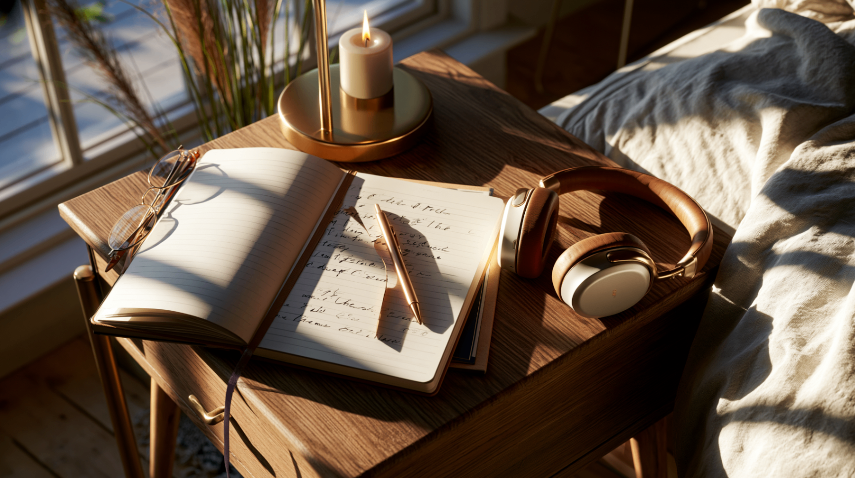 Carnet, stylo et écouteurs posés sur une table de nuit