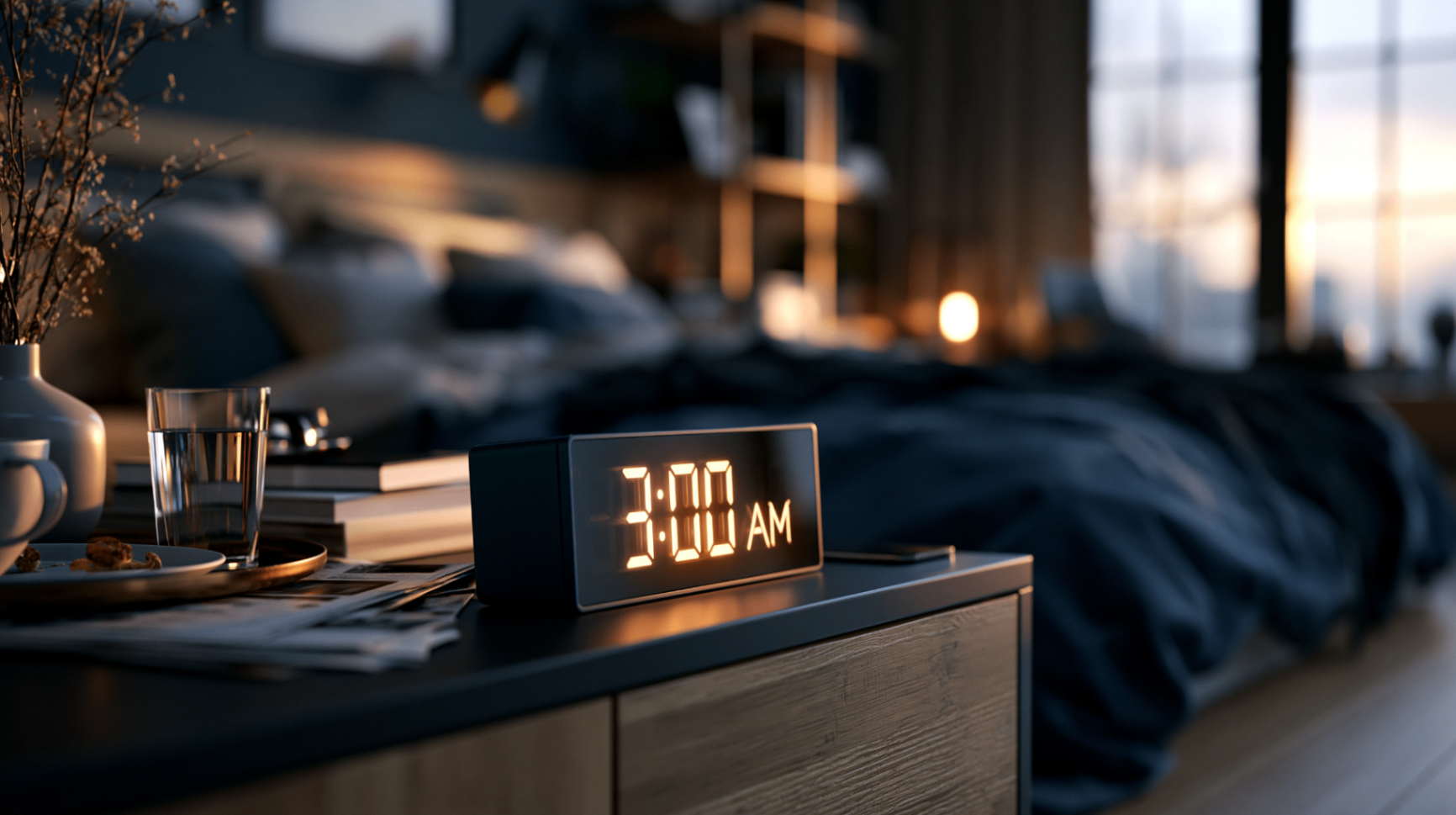 Réveil nocturne et fatigue mentale dans une chambre sombre